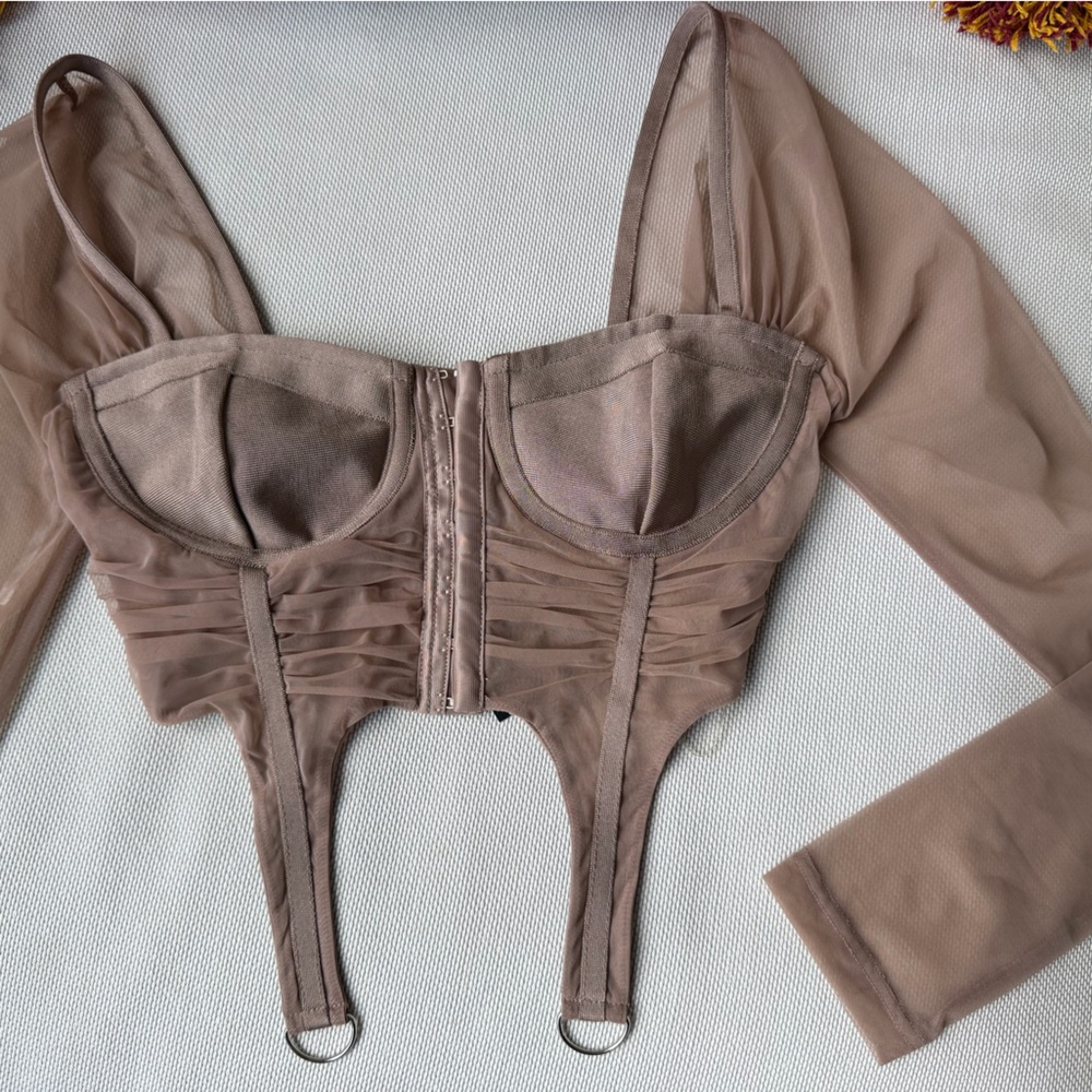 Sheer Mesh Long-Sleeve Top in Taupe